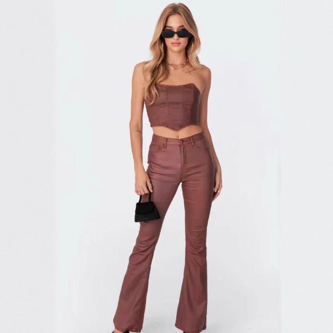 High Waist PU Leather American Hot Girl Tall Mopping Horseshoe Pants