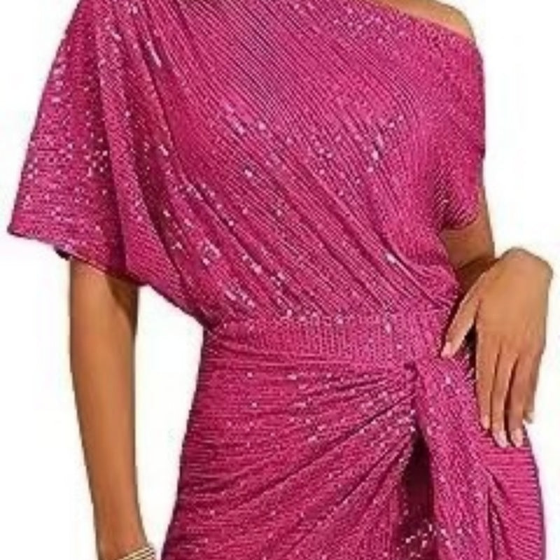 Women's Brimmed Shiny Party Dress One Shoulder Pleated