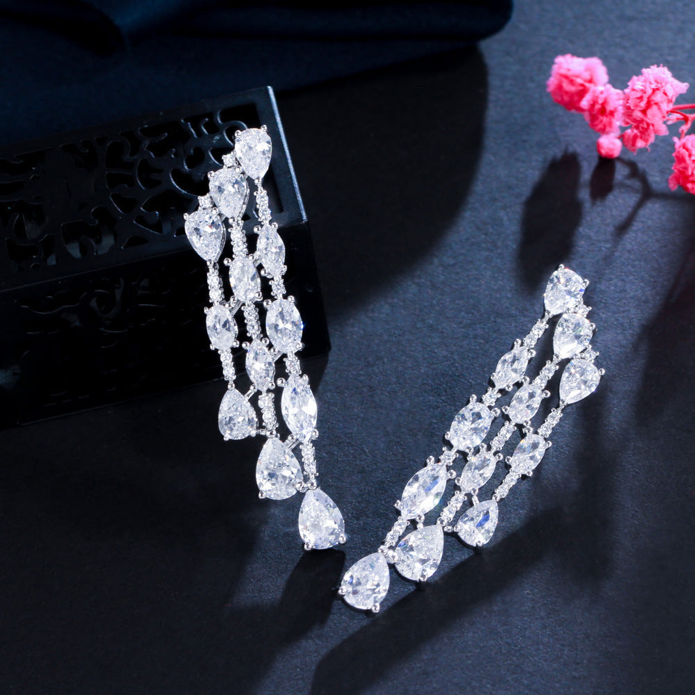 925 Sterling Silver Needle Temperament Personality With Zirconia Full Drill Teardrop-shaped Earrings