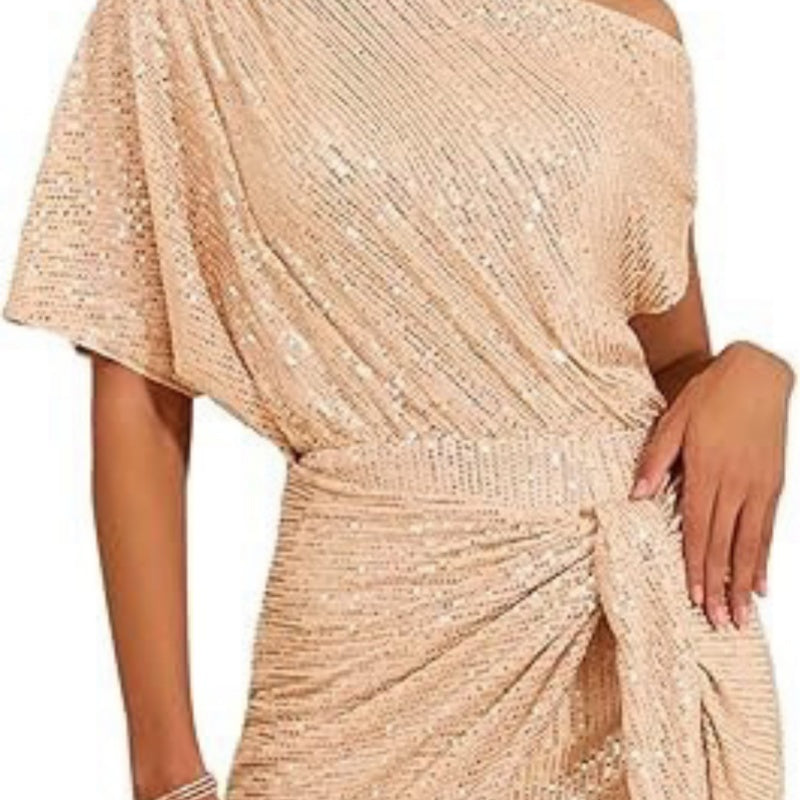 Women's Brimmed Shiny Party Dress One Shoulder Pleated