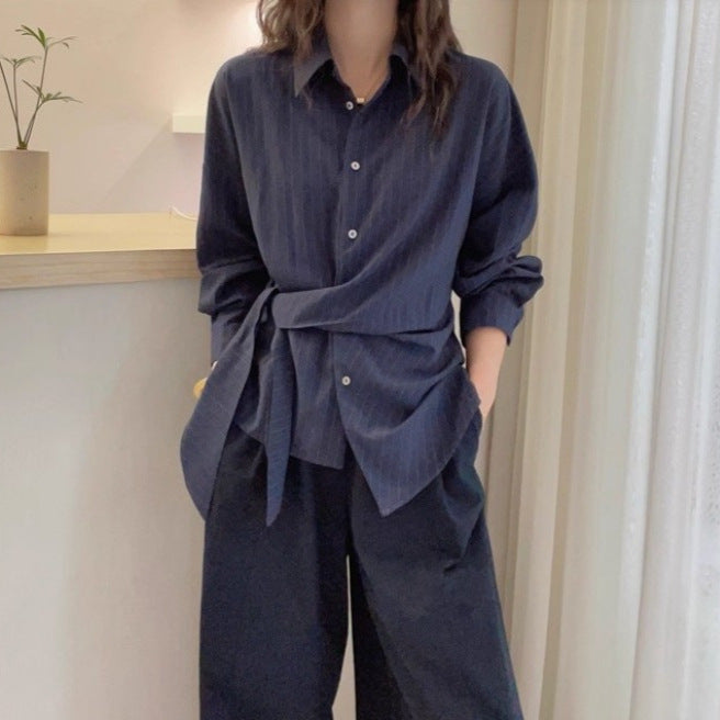 Irregular Strap Waist-cinching Striped Women's Slim-fit Versatile Top