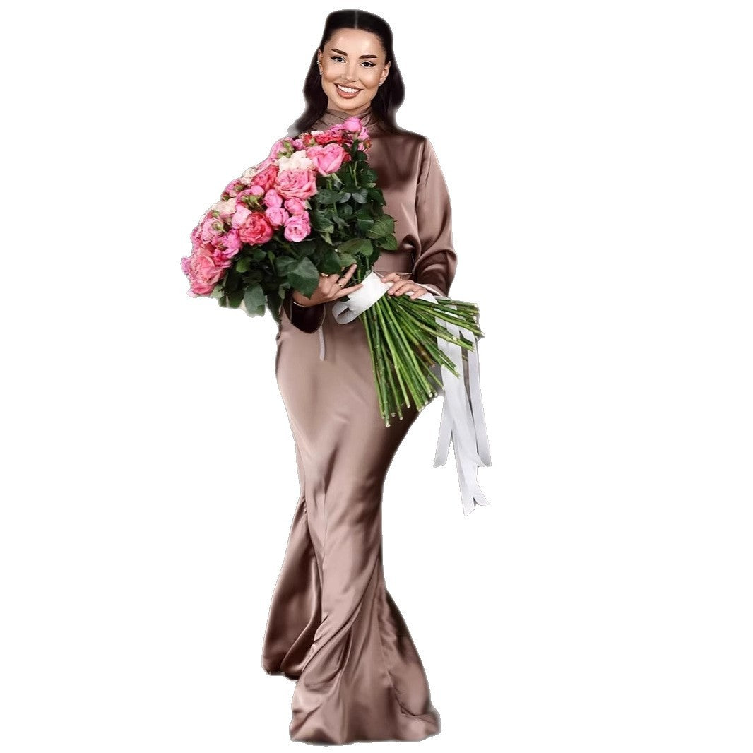 High-end Satin Long Sleeve Top Fashionable Elegant Socialite Skirt Long Skirt