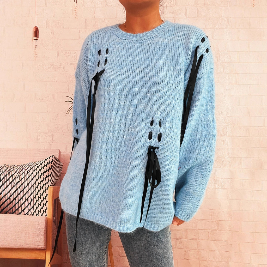 Handmade Lace-up Knitted Round Neck Long Sleeve Loose Sweater