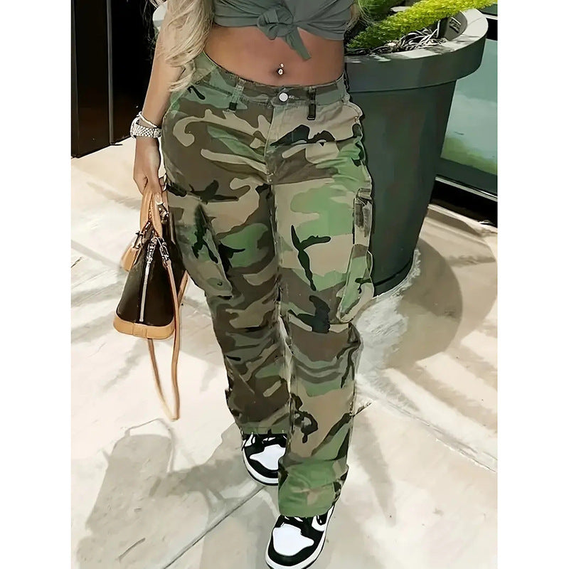 Plus Size Camouflage Jeans High Waist Multi-pocket Straight-leg Pants