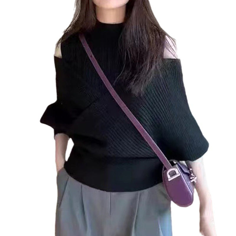 Women's Half Turtleneck Off Shoulder Fake Two Pieces Hollow-out Knitted Sweater