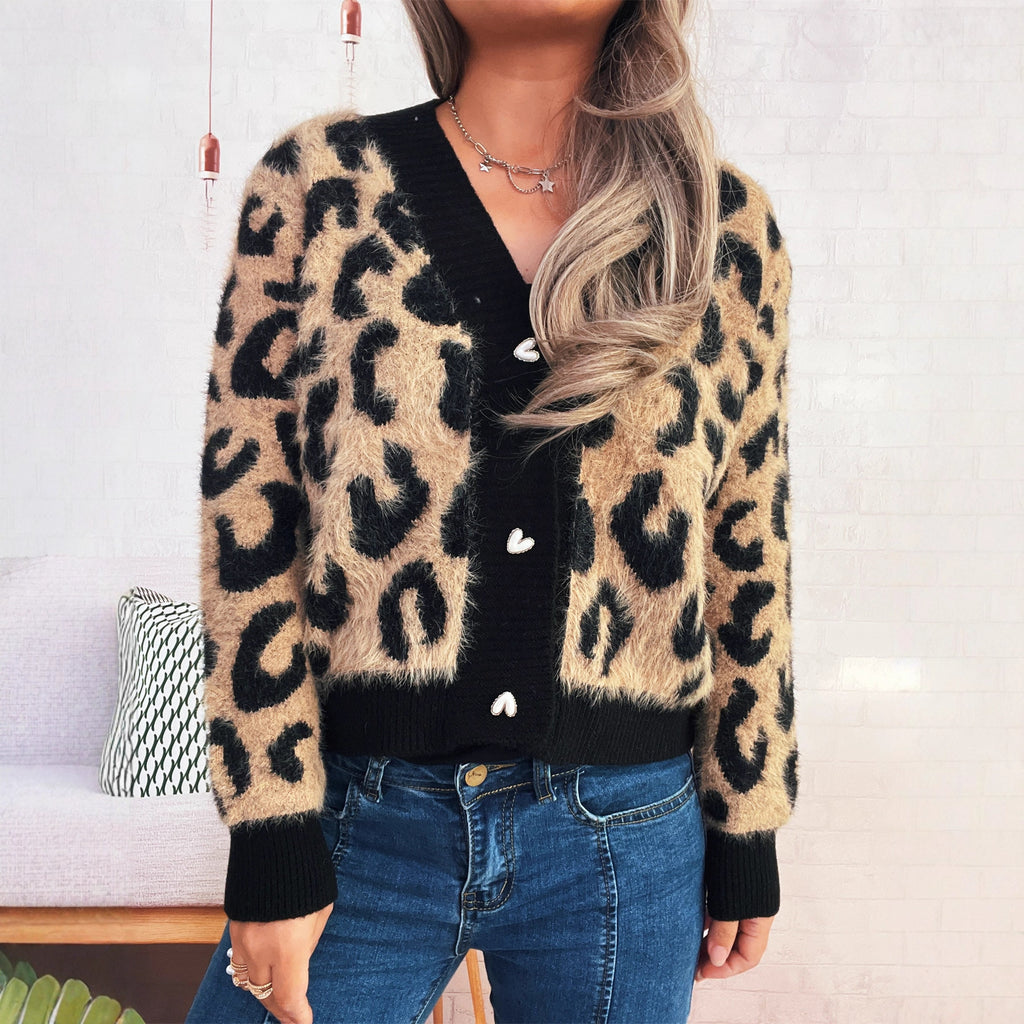 Thick Leopard Print Sexy V-neck Short Single-breasted Sweater