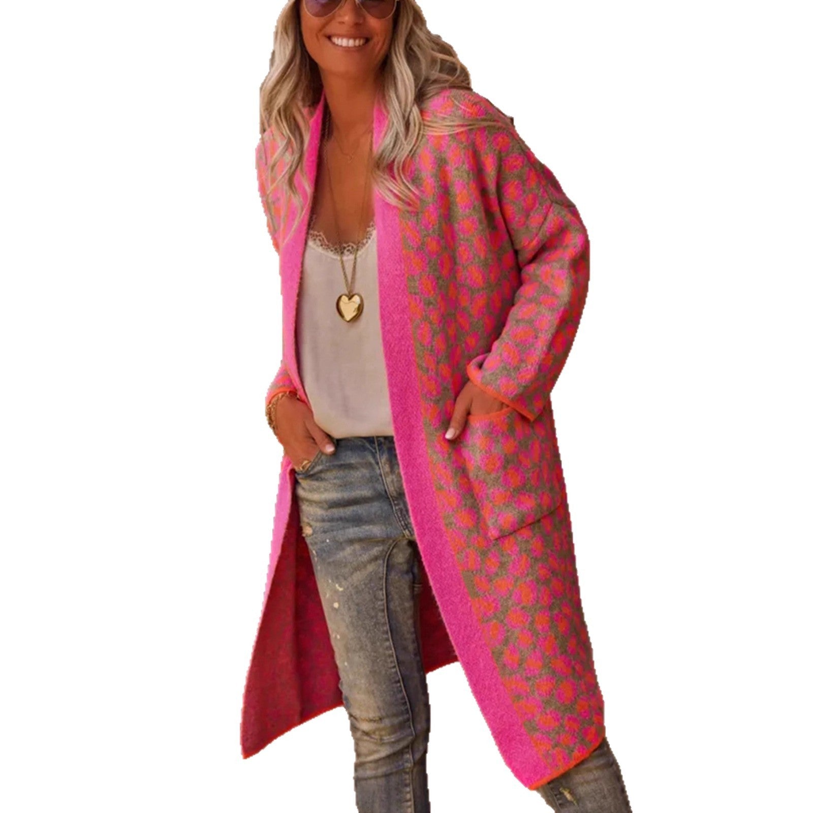 Contrast Color Leopard Print Long Knitwear Fashion Retro Pocket Sweater Women's Coat