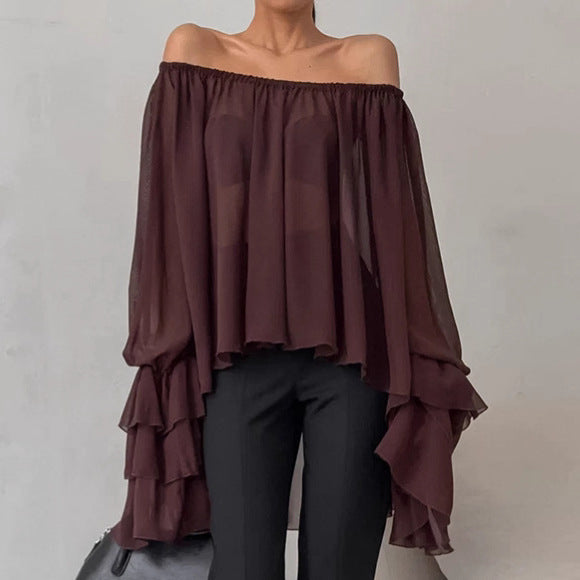 Sexy Dark Brown Off-shoulder Ruffle Top Women's Thin Long Sleeve Chiffon Shirt