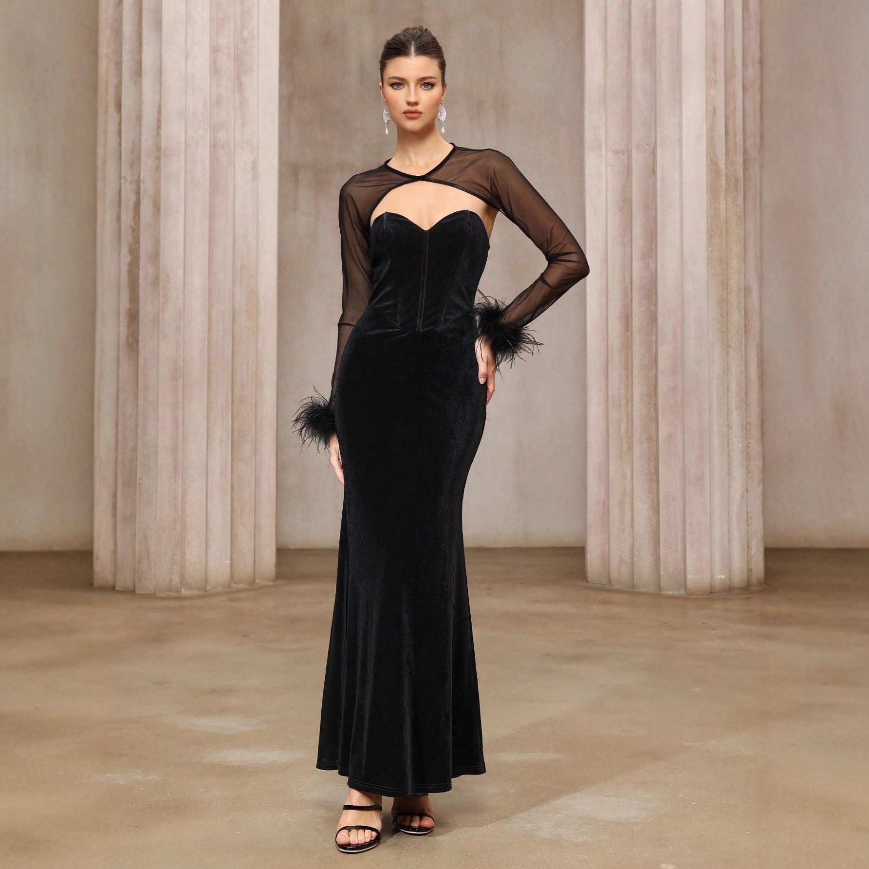 Semi-transparent Mesh Top Velvet Tube Top Dress Two-piece Set