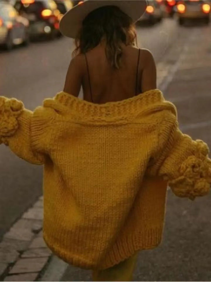 Long Sleeve Sweater Fashion Flower Sleeve Coarse Woven Knitted Cardigan