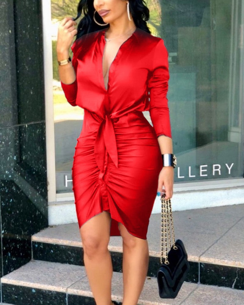 Women's Lace-up Solid Color Long-sleeved Shirt Dress