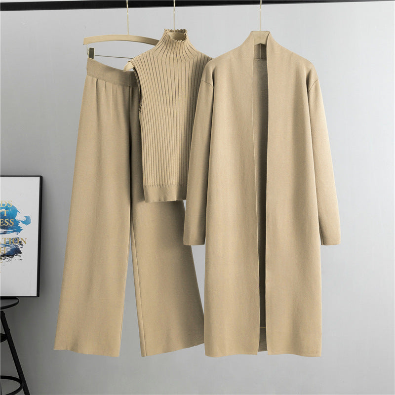 3pcs Suits Women Fashion Knitting Sleeveless Vest Sweater Long Cardigan And Wide-leg Pants Three-piece Set