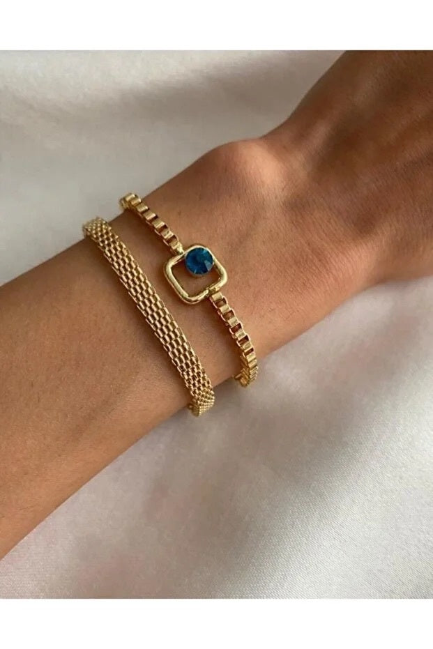 Blue Sparkle Bracelet Set Adjustable Two Piece Layered Minimalist Elegant Fashion Jewelry Gift For Her