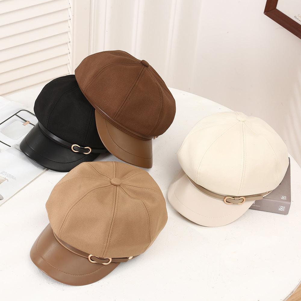 Casual Face-showing Small Peak Cap Octagonal Cap Leather Brim Hat With Buckle
