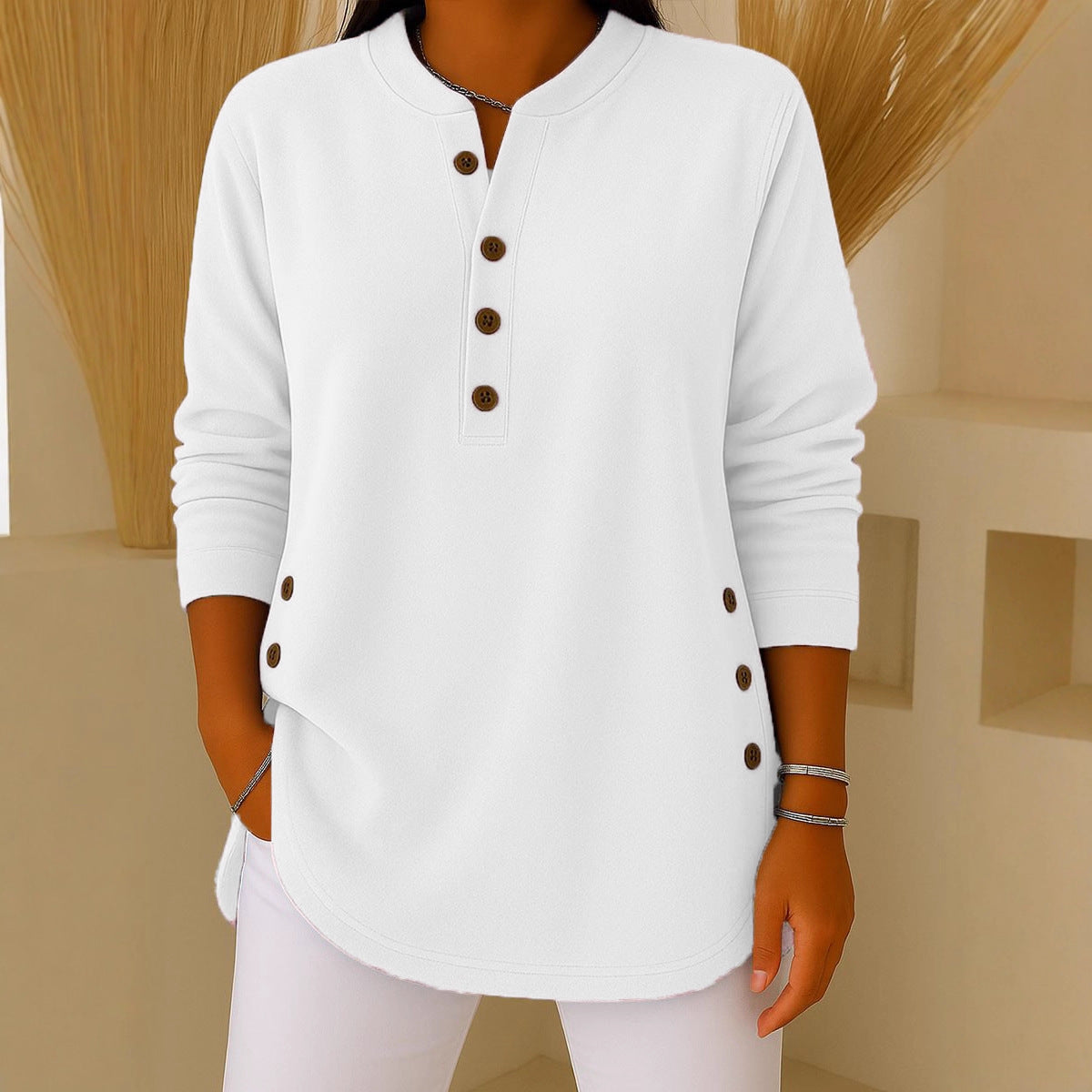 V-neck Button Solid Color Knitted Long Sleeve T-shirt