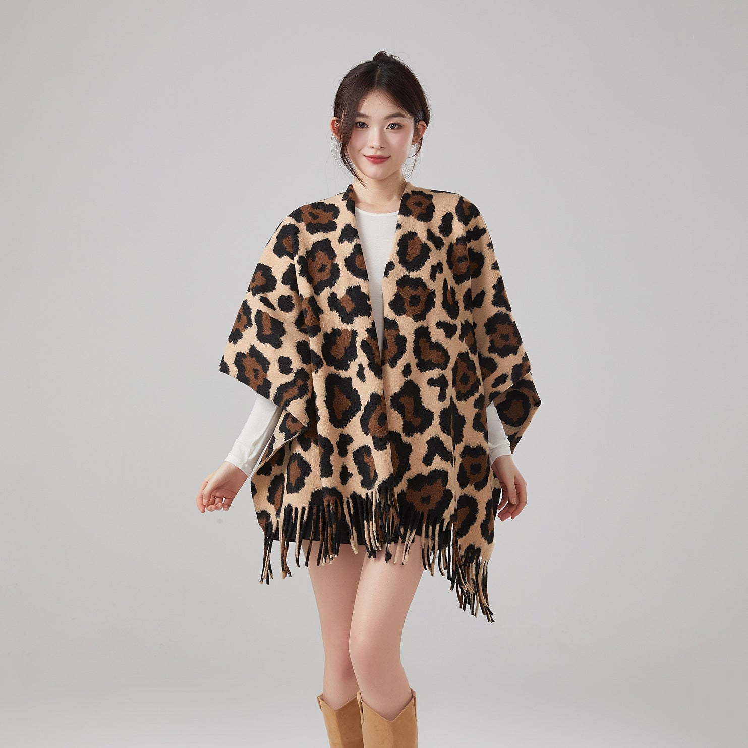 Thick Warm Vintage Leopard Print Tassel Shawl