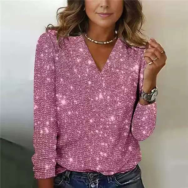 Plus Size Women's V-Neck Sparkle Top Long Sleeve Glitter Blouse For Office And Casual Wear