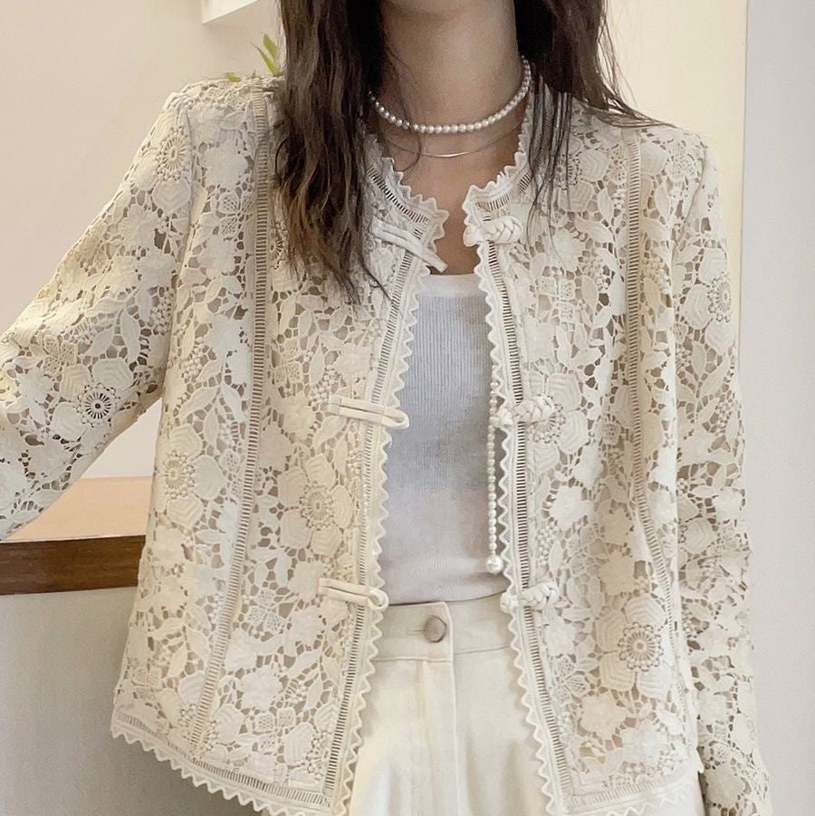 New Chinese Lace Crocheted Short Coat Women's Long Sleeve