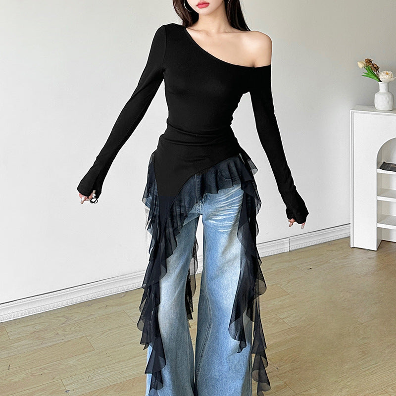 Women's Solid Color Slim-fit Street Fashion Diagonal Collar Long-sleeved Top