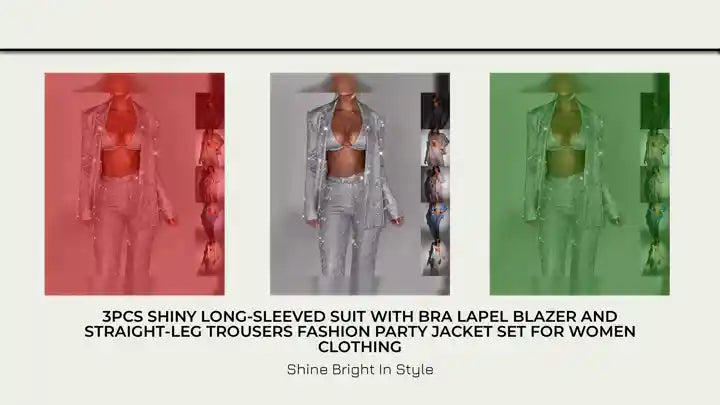 3pcs Shiny Long-sleeved Suit With Bra Lapel Blazer And Straight-leg Trousers Fashion Party Jacket Set For Women Clothing by@Outfy